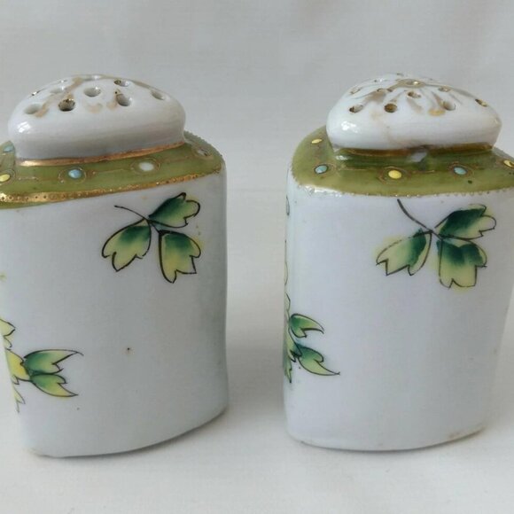 Vintage Ceramic Salt and Pepper Shakers White Gold Handpainted Floral Dining - Picture 3 of 11